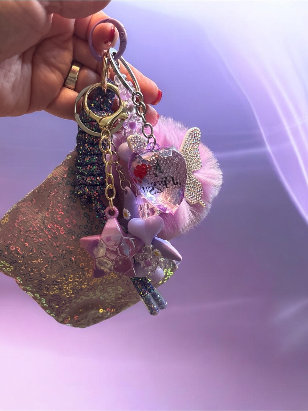 Purple Heart & Pom Pom Keychain Bag Charm - Women Accessories